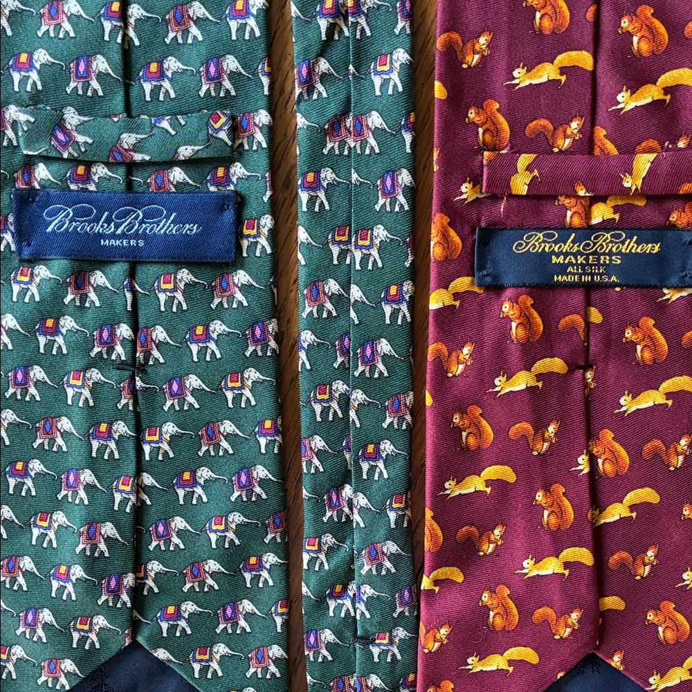 Brooks Brothers Green Elephant & Burgundy Squirrel Patterned Ties (Pair)